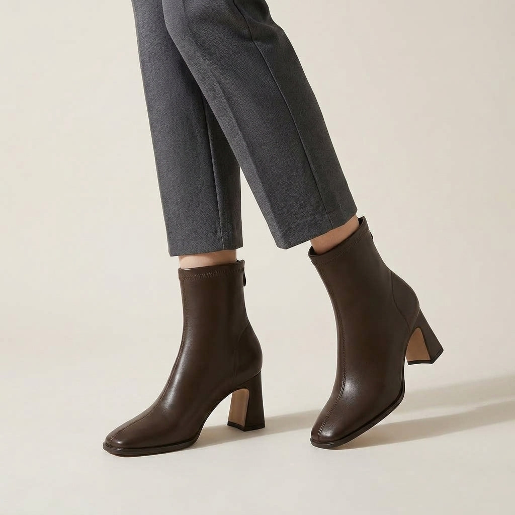 A person wearing dark brown leather ankle boots with block heels and gray cropped trousers, shown from the calves down against a plain light beige studio background.