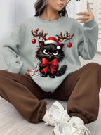 Women's Christmas Cat Graphic Oversized Crew Neck Jumper | Poppy