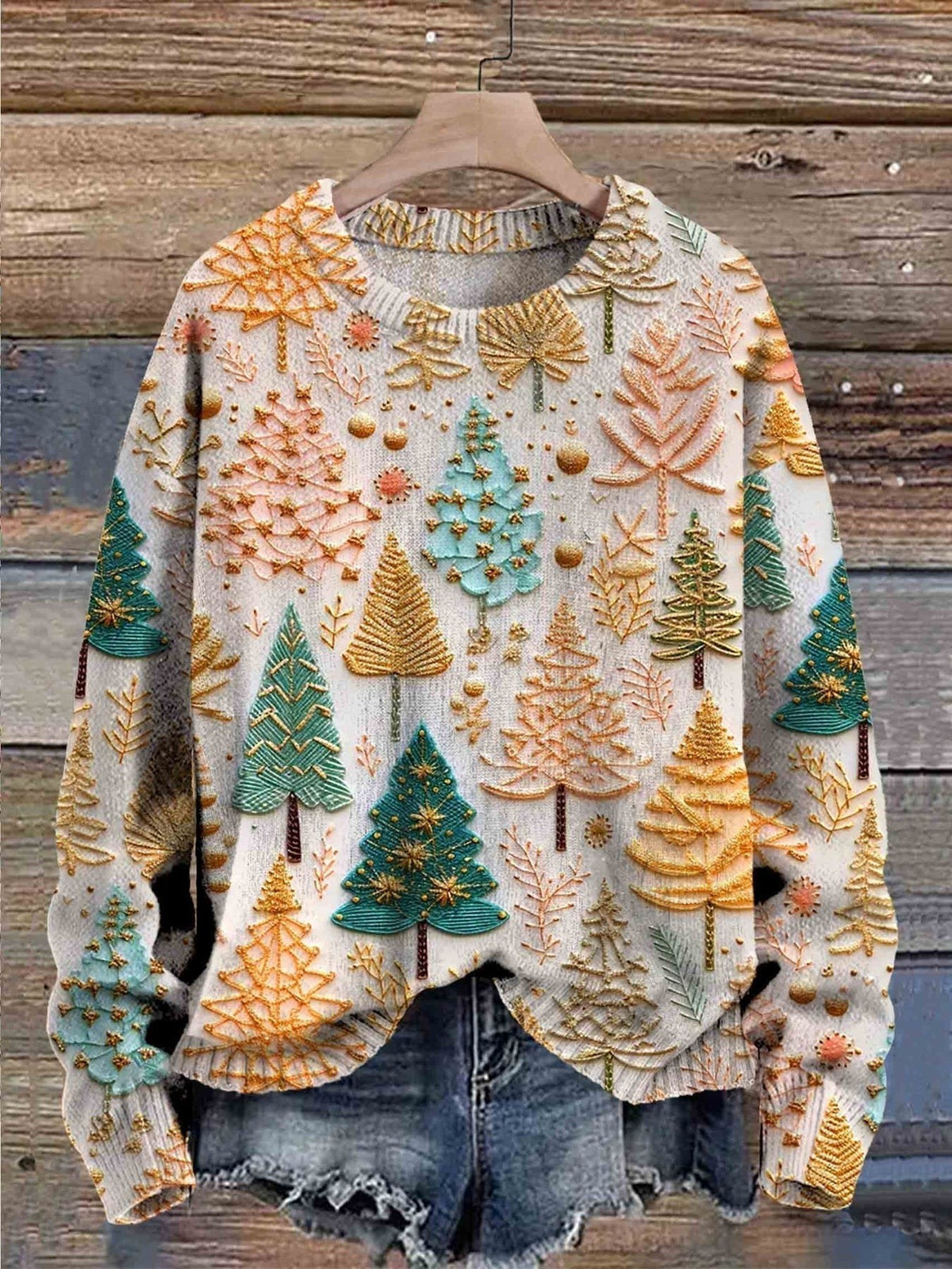 Women's Christmas Tree Embroidered Oversized Knit Jumper | Rose