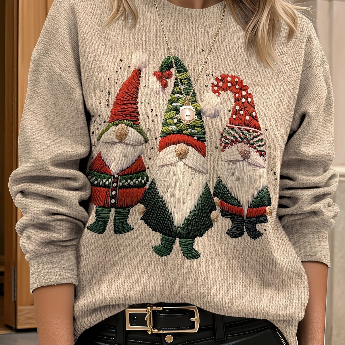 Women's Embroidered Gnome Christmas Jumper, Oversized Crew Neck | Adeline