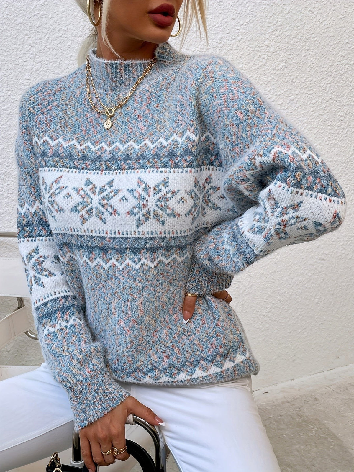 Women's Fair Isle Snowflake Mock Neck Oversized Knit Jumper | Josephine