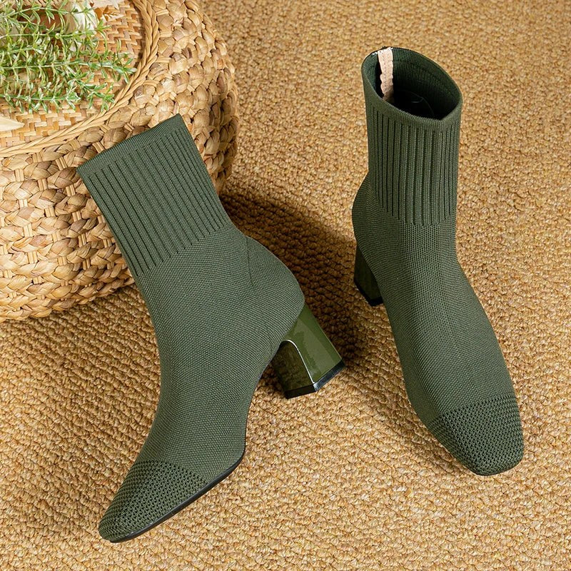 Women's Knit Sock Ankle Boots with Pointed Toe & Block Heel | Matilda