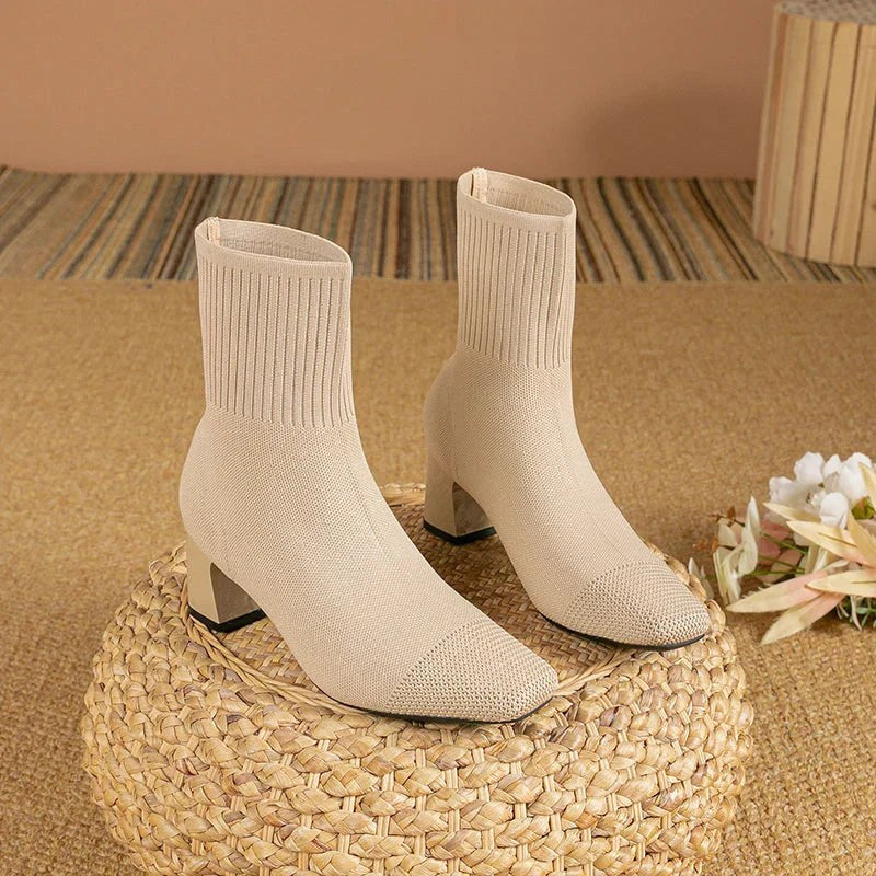 Women's Knit Sock Ankle Boots with Pointed Toe & Block Heel | Matilda