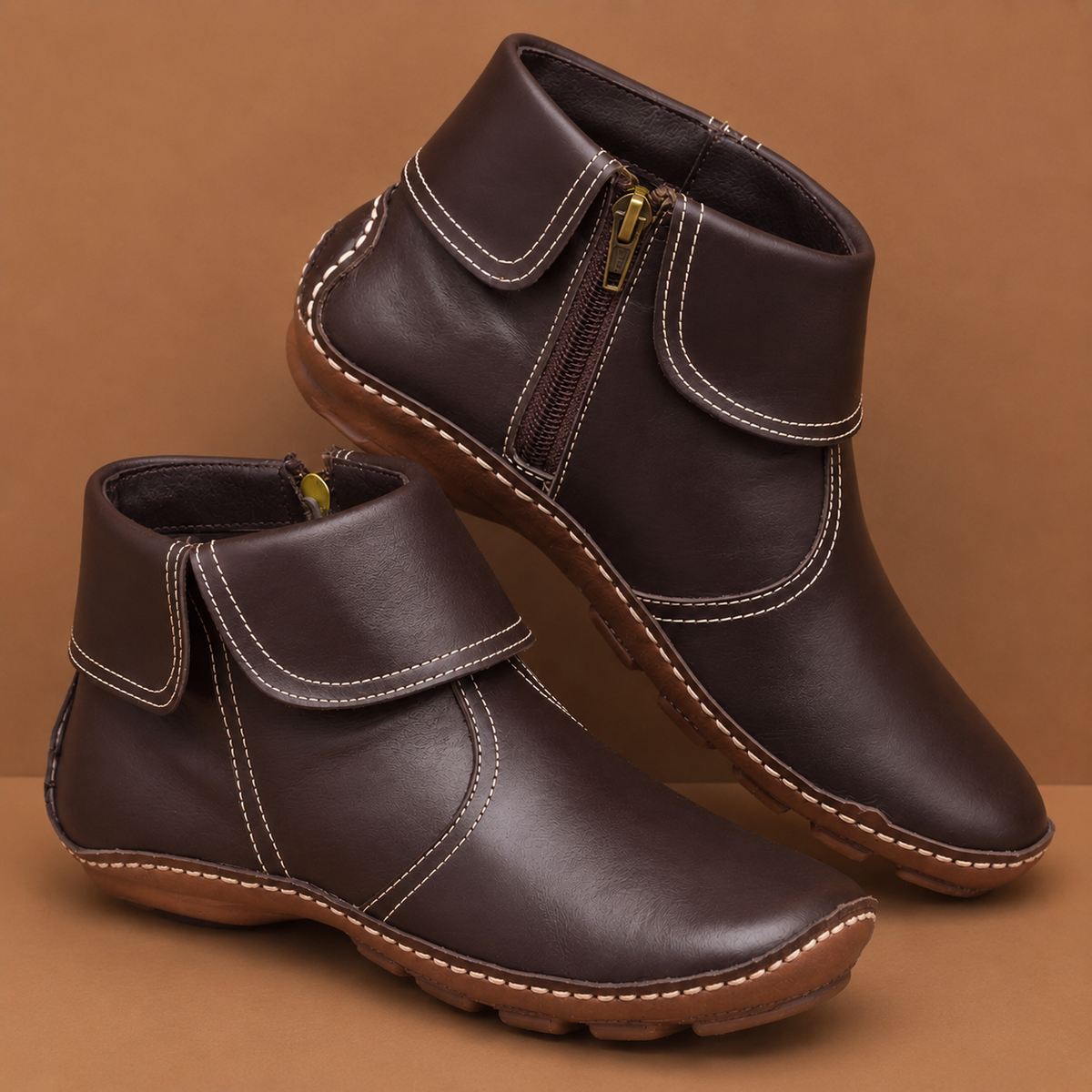 Women's Leather Ankle Boots with Side Zip & Foldover Cuff | Luna