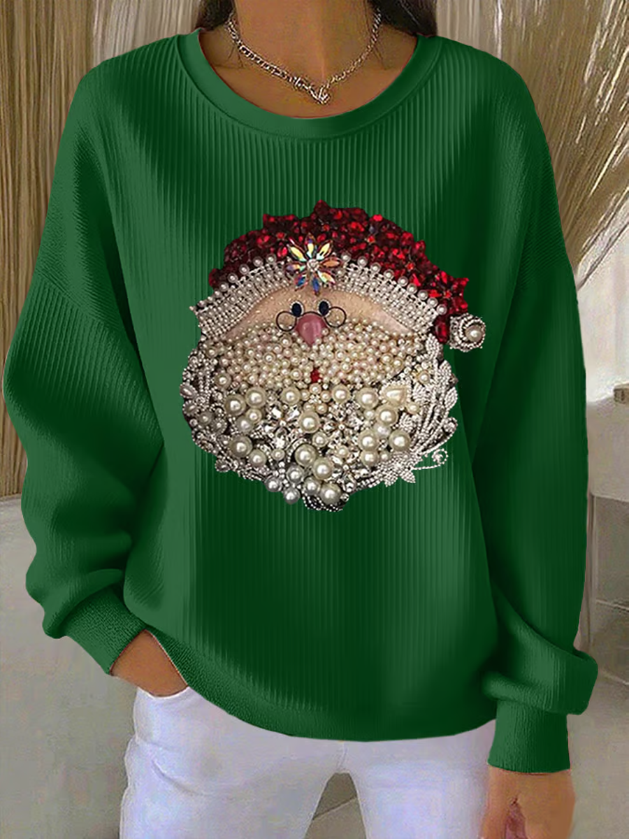 Women's Santa Sequin Pearl Beaded Ribbed Christmas Jumper | Leah