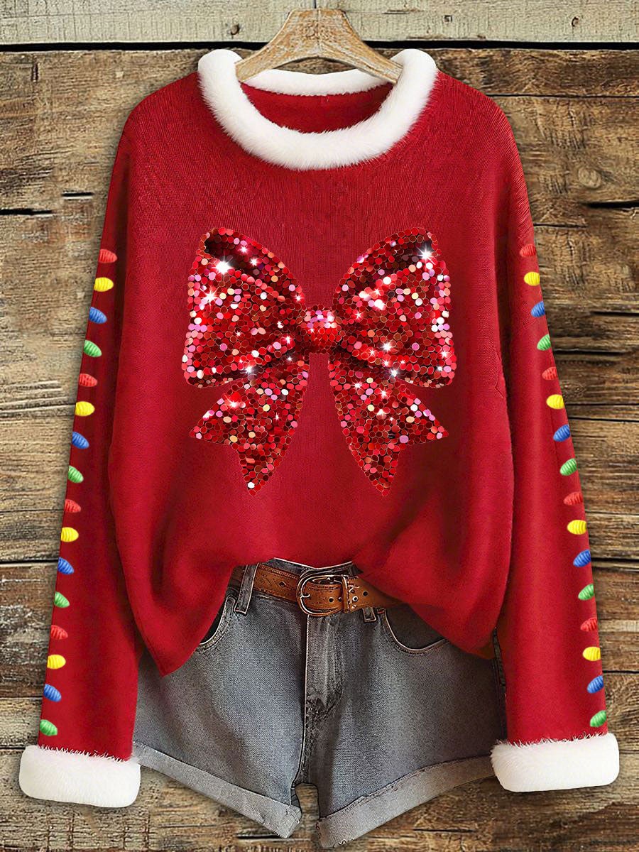 Women's Sequin Bow Christmas Jumper with Fairy Lights | June