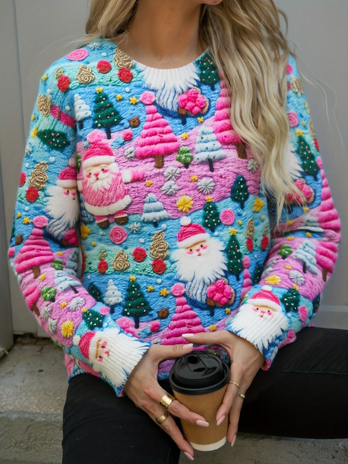Women's Tacky Christmas Santa Embroidered Oversized Knit Jumper | Ramona